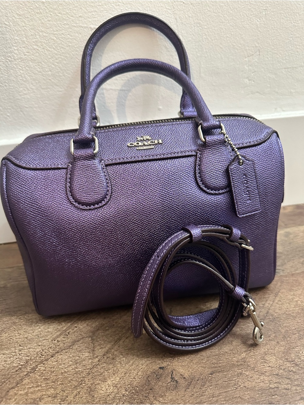Coach Mini Bennett Satchel Metallic Purple Crossgrain Leather Crossbody F39706